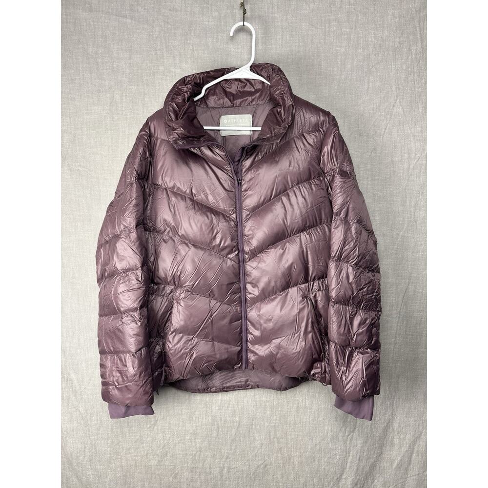 Athleta Lofty Goose Down Puffer Coat Womens Large Purple Quilted Packable Jacket